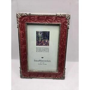 Philip Whitney Ltd 4"x6" Red Pink Enamel Silver Plated Photo Frame Ornate Scroll